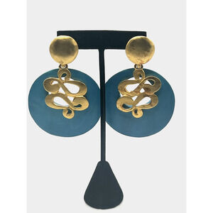 STUNNING! Signed LAZULI Oriental Turquoise & Matt Gold Large Earrings RARE VTG
